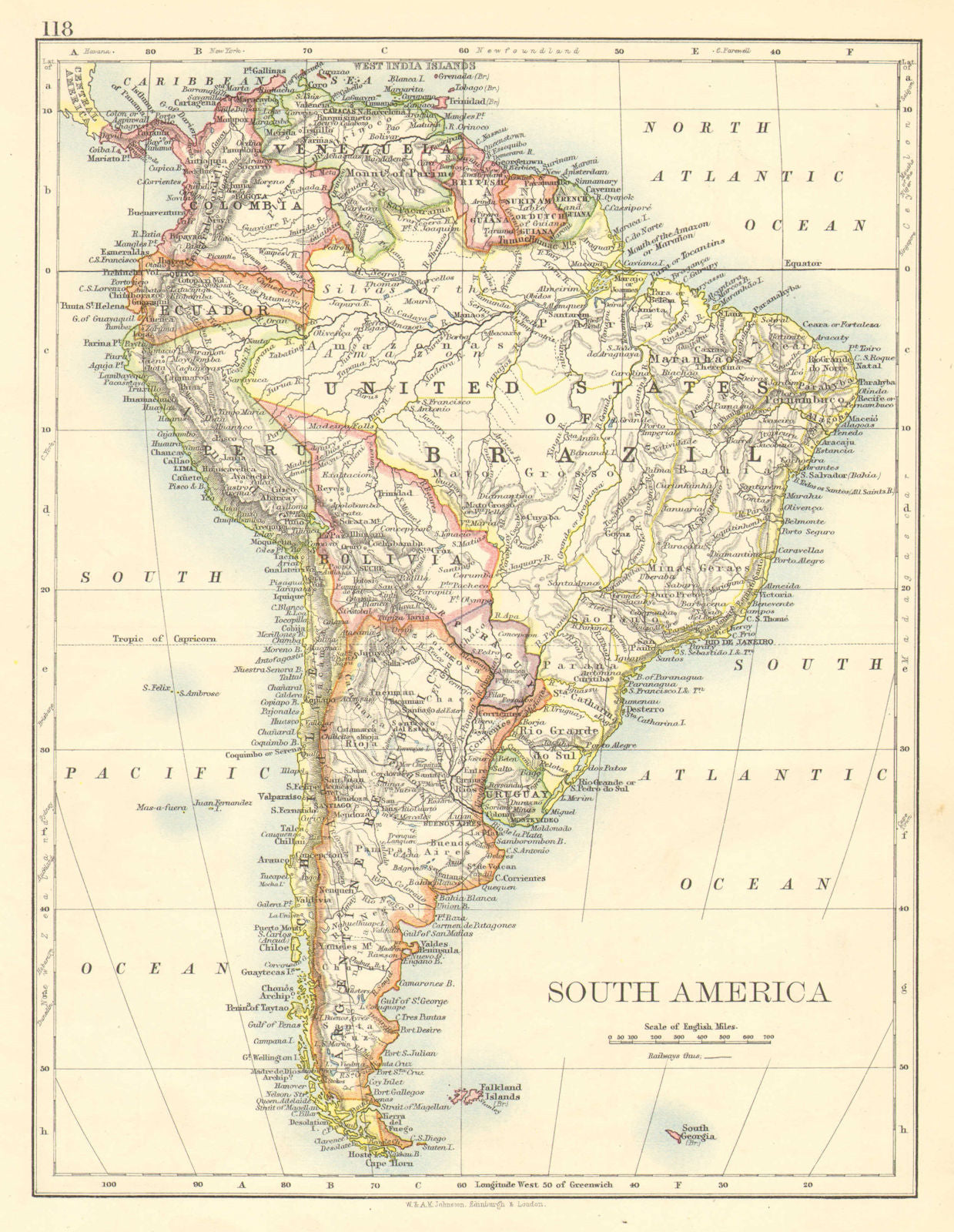 SOUTH AMERICA. Bolivia includes Acre, now in Brazil. JOHNSTON 1899 old map